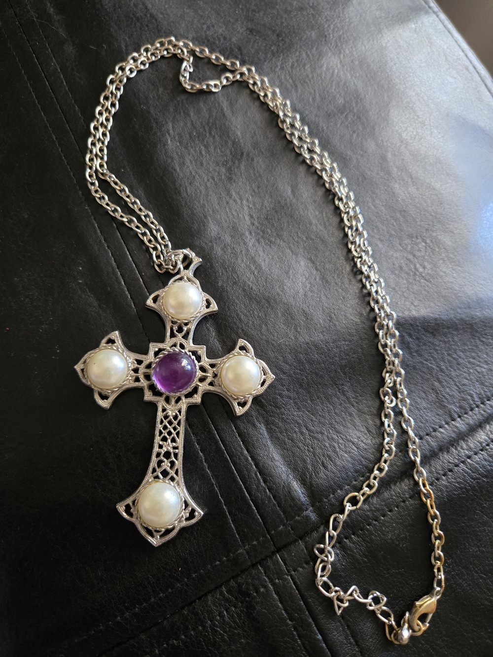 Sarah Coventry Silver-Tone Cross Necklace with Purple and Pearl Accents